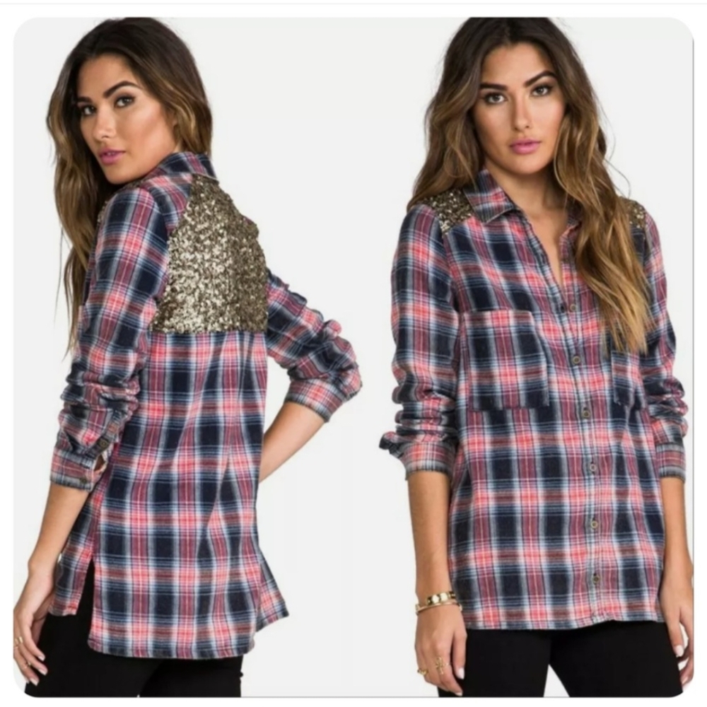 Free People Little Bit of Sugar Flannel Sequin Button Down Shirt Plaid Small